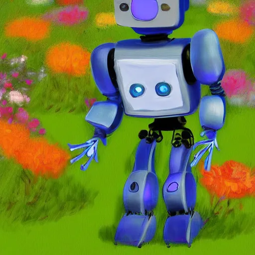 Image similar to A robot holding a flower in a garden, digital painting, hd