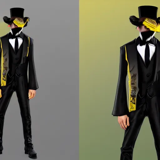 Image similar to a highly detailed portrait of a man in a high top hat covering his face, in a black tailcoat with a yellow waistcoat under the tailcoat, artstation, deviantart, professional, unreal engine 5, photorealistic