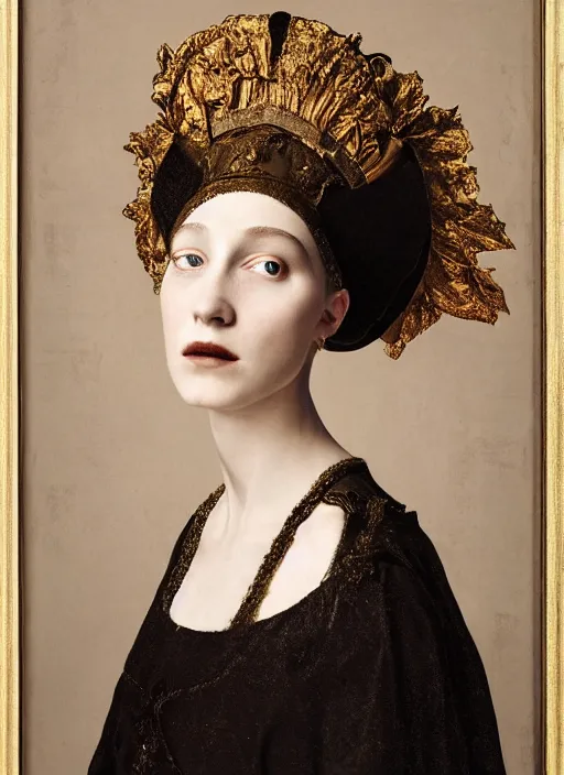 Image similar to portrait of young woman in renaissance dress and renaissance headdress, art by paolo roversi