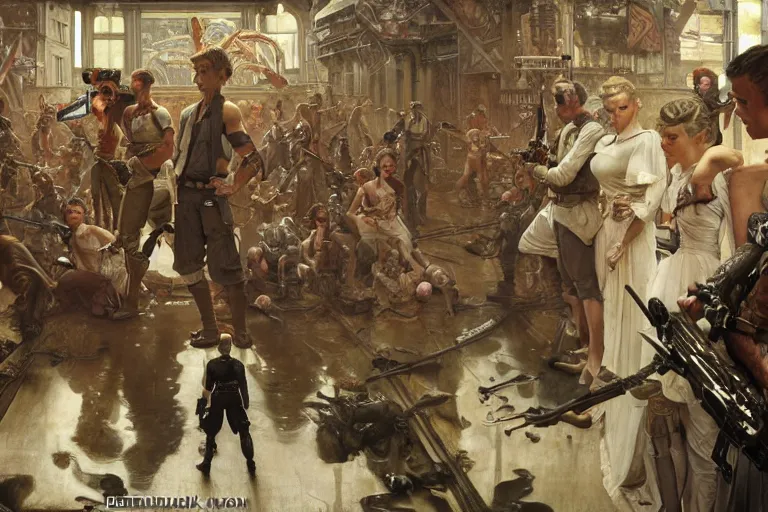 Image similar to a epic norman rockwell painting of the clone wars happening in the disealpunk cities cinematic, gritty tech, deep focus, fantasy, intricate, elegant, highly detailed, digital painting, artstation, concept art, matte, sharp focus, illustration, dark fantasy style art, resident evil, art by artgerm and greg rutkowski and alphonse mucha