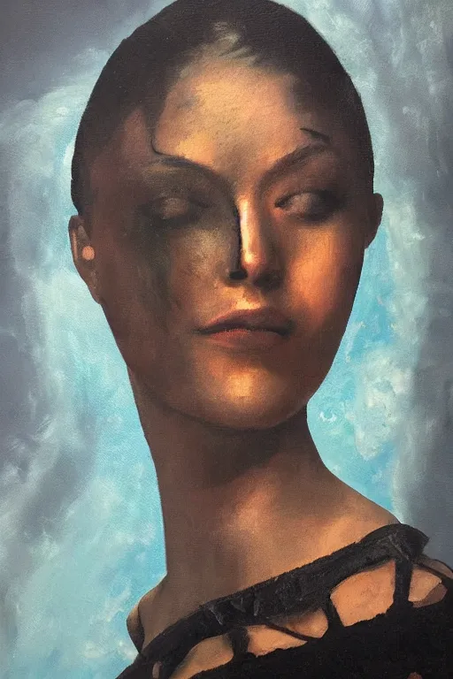 Prompt: hyperrealism oil painting, close - up portrait of medieval fashion model, black silk, steel gradient mixed with nebula sky, in style of baroque