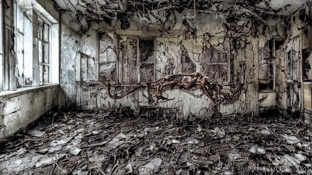 Prompt: a photograph of a decomposing thanatosdrakon in an old dilapidated mental hospital, scary, dark, hyper - detailed