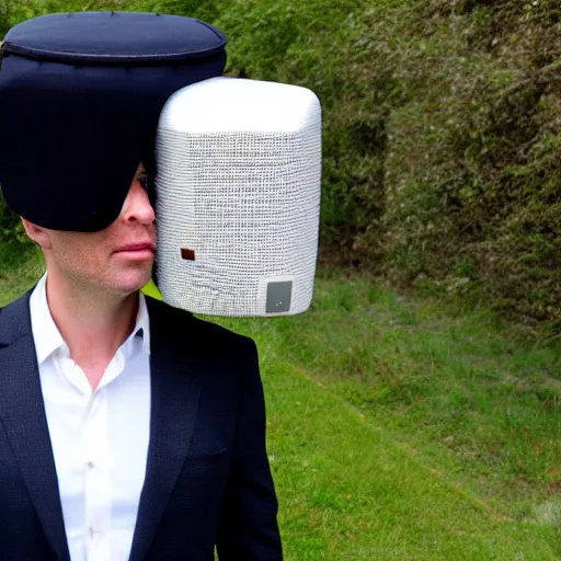 Image similar to a man in a suit wearing a tv on his head while walking