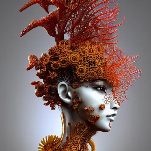 Prompt: complex 3 d render hyper detailed ultra sharp beautiful sophisticated female futuristic biomechanical samurai with carved porcelain ivory fair face, iris van herpen daisies corals cyberpunk filigree lace haute couture headdress with rhizomorph finials spires, brackets, yellow vivid colors, surreal, fractal red puffballs, octane render, 8 k