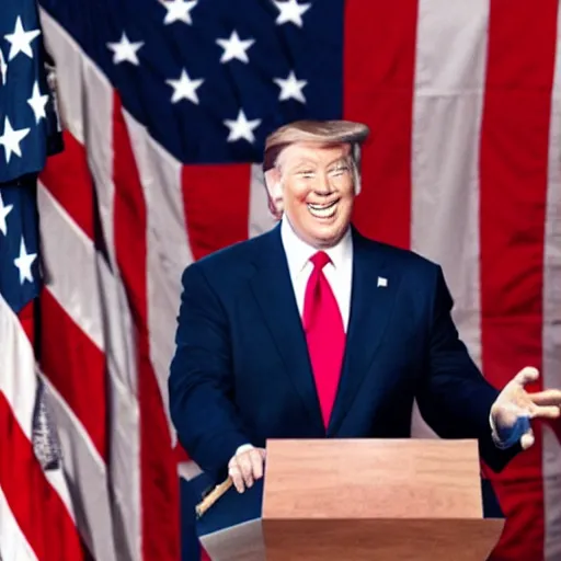 Image similar to a cat as the president of the united states giving a speech and wearing a suit in front of the american flag