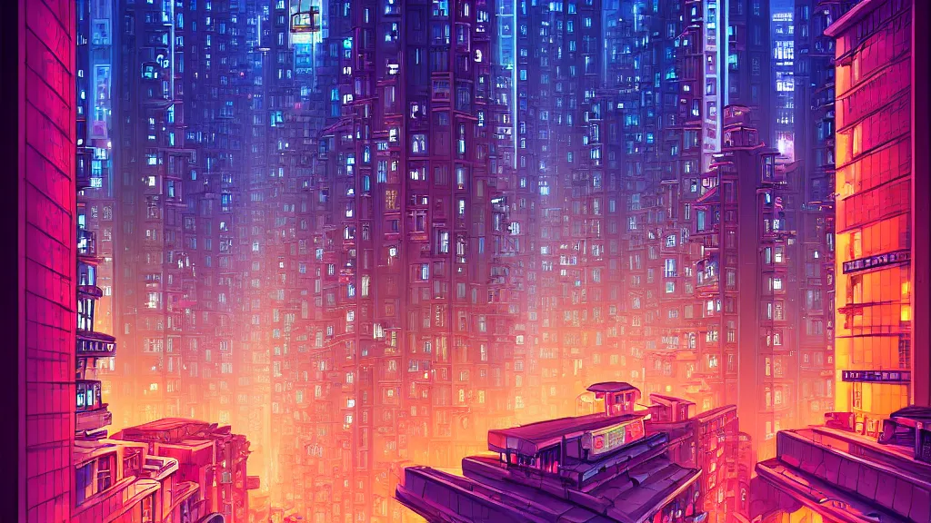 Prompt: street level view looking down the street of futuristic hong kong city at night by cyril rolando and naomi okubo and dan mumford and ricardo bofill. advertisements. neon. tower blocks.