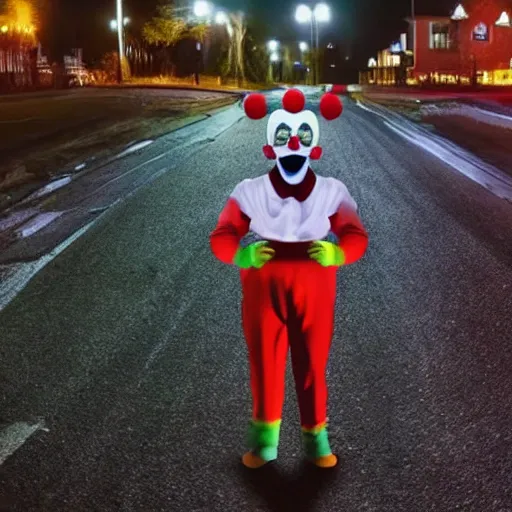 Image similar to a clown in the middle of the street at night, dash cam footage