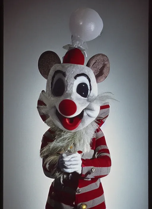 Prompt: Chuck E. Cheese mascot grainy 1990’s circus portrait of an anthropomorphic rat animatronic dressed like a clown, professional portrait HD, camera flash, mouse, Chuck E. Cheese head, authentic, mouse, costume weird creepy, off putting, nightmare fuel, Chuck E. Cheese