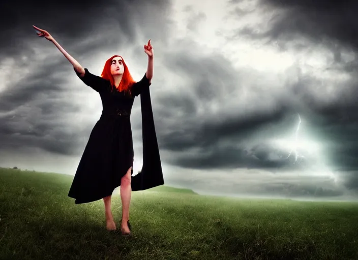 Image similar to stunning occult priestess casting spell, stormy sky