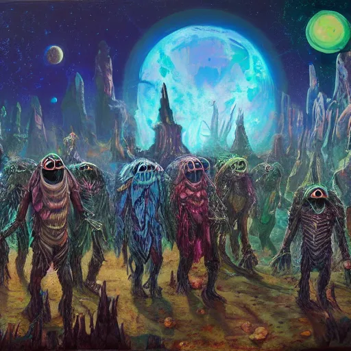 Prompt: extraterrestrial religious procession in village on ancient post - apocalyptic planet, jim henson creature shop, vivid and colorful, cinematic, oil painting, highly detailed, illustration