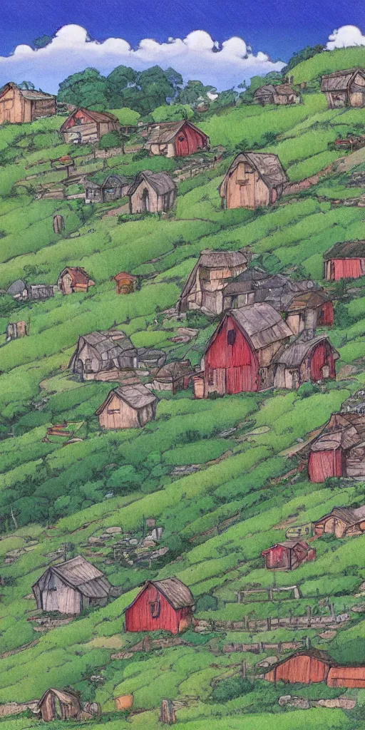 Prompt: Farm on the hillside containing various crops and fruits, landscape, very detailed, art by Studio Ghibli