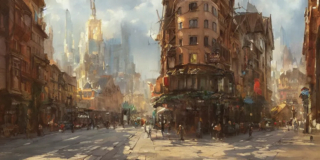 Prompt: stunning landscape painting of an city from 1 9 0 0 by krenz cushart