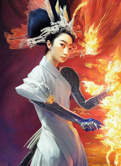 Image similar to portrait of ravishing Japanese Princess Suzu Hirose unleashing a devastating multiversal blazing fireball, battle stance, ready for battle, wearing futuristic luxurious white and little royal blue details suit, captivating, beautiful look, face anatomy, surreal and allegorical, octane render, art by Karol Bak, Karol bak pastiche by Peter Mohrbacher