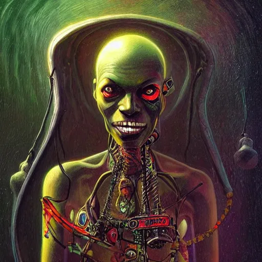 Prompt: a death tarot featuring an african shaman in a cyberpunk voodoo style by anton semenov and android jones, oil on canvas