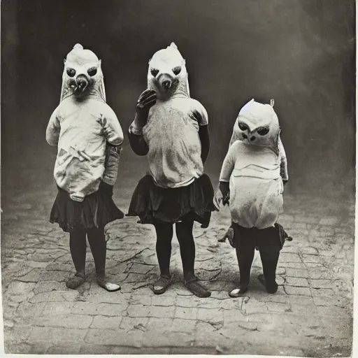 Prompt: portrait of children wearing chicken masks, photograph, style of atget, 1 9 1 0, creepy, dark