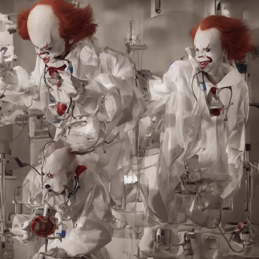 Image similar to a photograph of pennywise dressed as a doctor in a hospital, with a lab coat, with a stethoscope, hyperdetailed, intricate, dramatic, horror movie, movie still, 4 k realistic, volumetric lighting, sharp focus