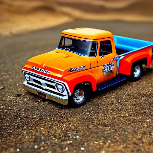 Prompt: a commercial photography of a hot wheels ford f 1 0 0 truck on a country dirt road diorama scene, cinematic lighting, product shot, detailed, hq, macro lens