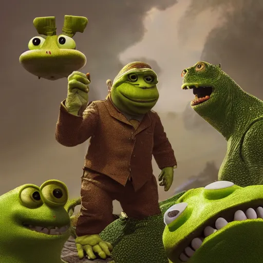 Image similar to mr. bean godzilla super mario pickle rick yoda donkey kong pikachu yeti shrek spongebob homer groot kermit in gears of war, splash art, movie still, detailed face, photorealistic facial features, cinematic lighting, dramatic, octane render, long lens, shallow depth of field, bokeh, anamorphic lens flare, 8 k, hyper detailed, 3 5 mm film grain