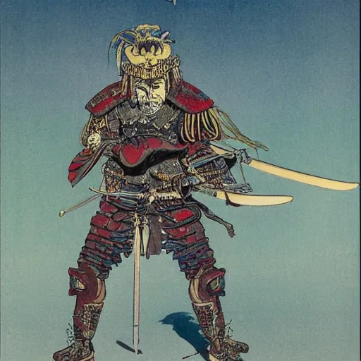 Image similar to highly detailed samurai warrior with oni demon mask armour by Moebius, Sergio Toppi, John Bauer, Kay Nielsen, Yoshitaka Amano