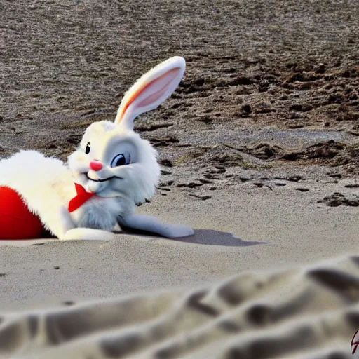 Prompt: Photo of Bugs Bunny laying on the beach, photography, HDR