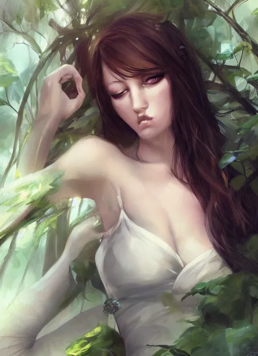 Prompt: sexy girl lying in forest, detailed face, art by charlie bowater