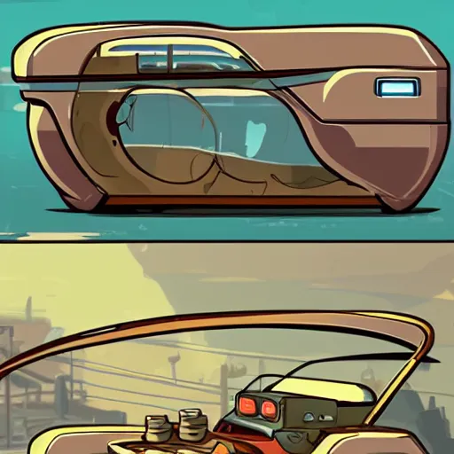 Image similar to deponia art style retrofuturism car concept