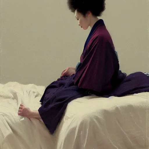 Prompt: girl with a samurai mask on, with afro, in kimono, frontview, sitting on edge of the bed, by jeremy lipking, tim rees, joseph todorovitch