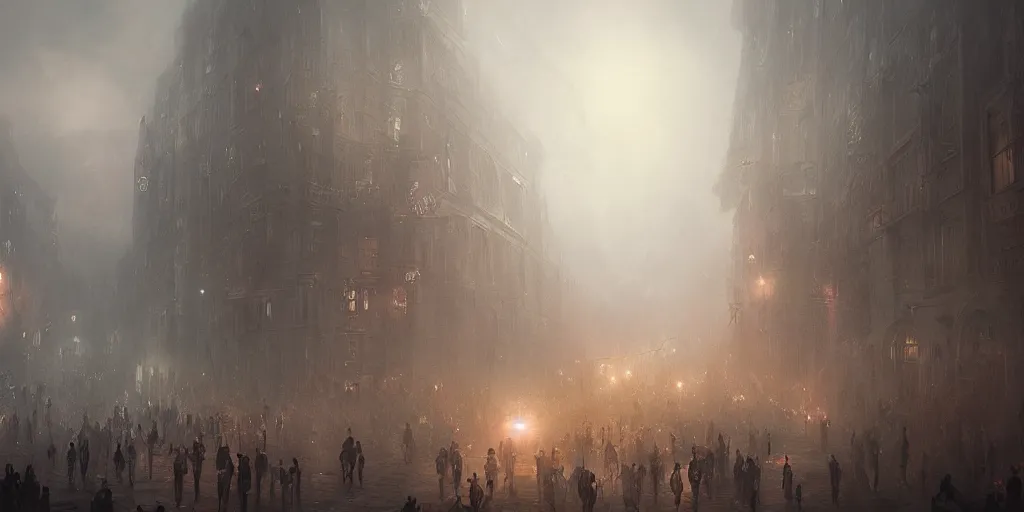 Image similar to a parade in a thick swirling fog, soft lighting, night, unreal engine, digital art, 8 k, oil painting, fantasy art, illustration, detailed and intricate environment