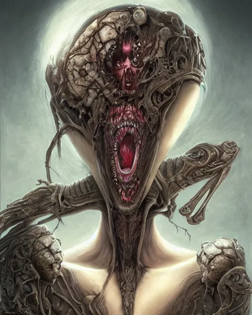 Image similar to death is swallowed up in victory, very detailed and beautiful womans face, screaming with fear, artwork by artgerm, centered shot, wide angle, full body, elfpunk, artwork by naoto hattori, giger, landscape art by john howe