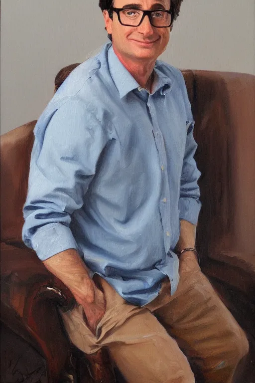 Prompt: portrait of bob saget seated, oil painting by wilson mclean, sharp focus, masterpiece, highly detailed