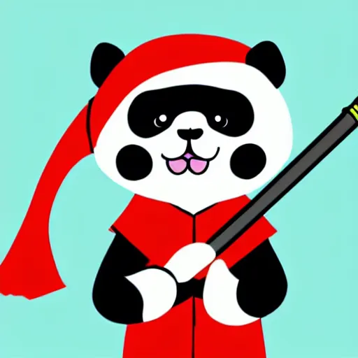 Image similar to kids drawning of a cute kitten with panda body and cat face, in a kimono, holds a sword, by a six years old 4 k