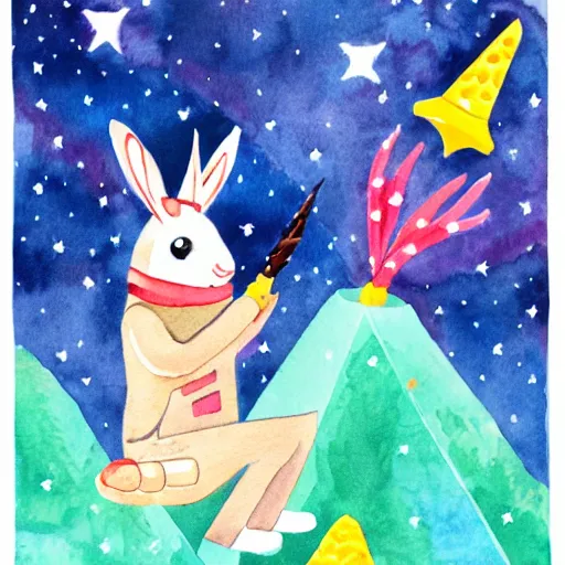 Prompt: a Jackalope with glasses playing a game of cards with a unicorn astronaut on top of a mountain, watercolor