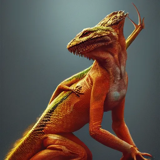 Prompt: a lizard man eating a fox, digital art, realistic, artstation