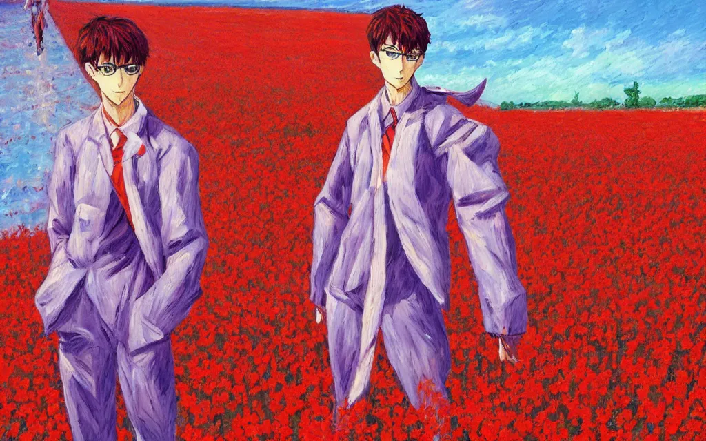 Prompt: impressionist painting of Evangelion Unit 01 standing in a red field