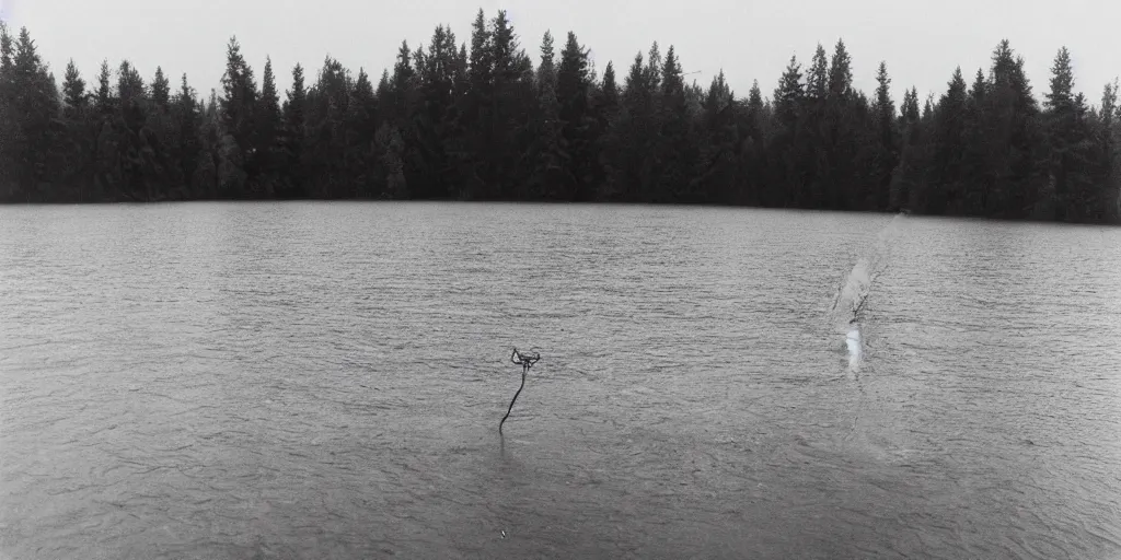 Prompt: symmetrical photograph of an infinitely long rope submerged on the surface of the water, the rope is snaking from the foreground towards the center of the lake, a dark lake on a cloudy day, trees in the background, moody scene, dreamy kodak color stock, anamorphic lens