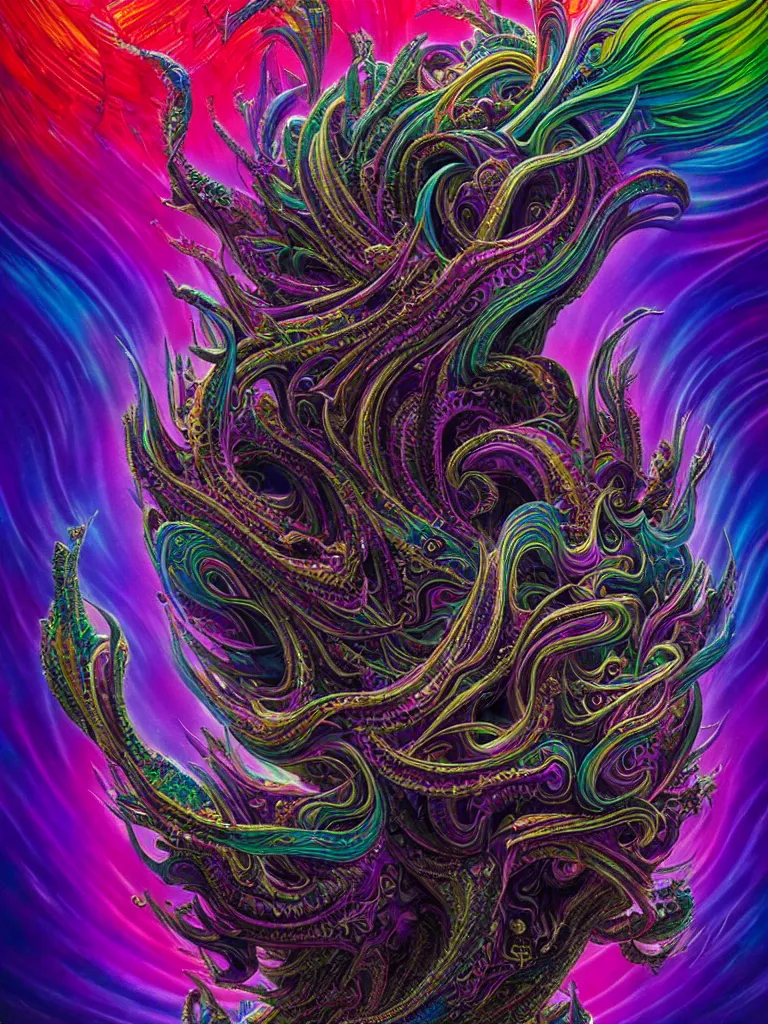 Image similar to depicting a wrathful technological nightmare monster god, in the style of lisa frank, exuberant organic elegant forms, by karol bak and filip hodas : : 1. 4 purple, red, blue, green, black intricate mandala explosions : : intuit art : : turbulent water backdrop : : damask wallpaper : : atmospheric