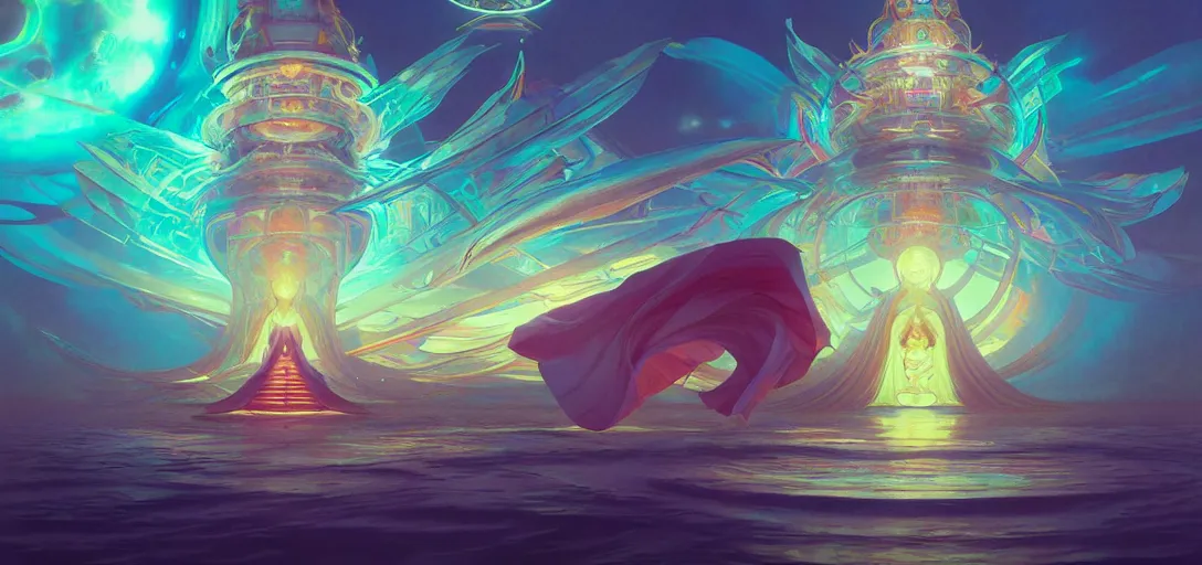 Image similar to a floating temple, channeling swirling energy, wearing netrunner clothing, vaporwave aesthetic, colorful, psychedelic, digital painting, artstation, concept art, smooth, sharp focus, illustration, art by artgerm and greg rutkowski and alphonse mucha