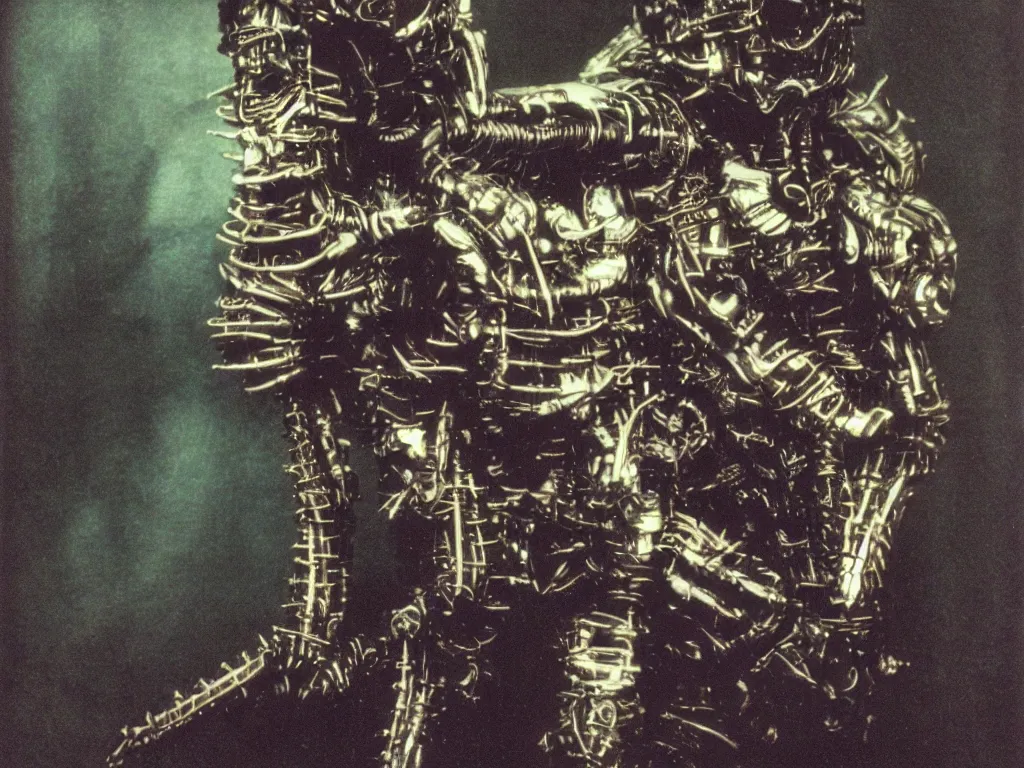 Image similar to autochrome of a 8 0 s polaroid flash photograph of a biomechanical armored creature looking at camera