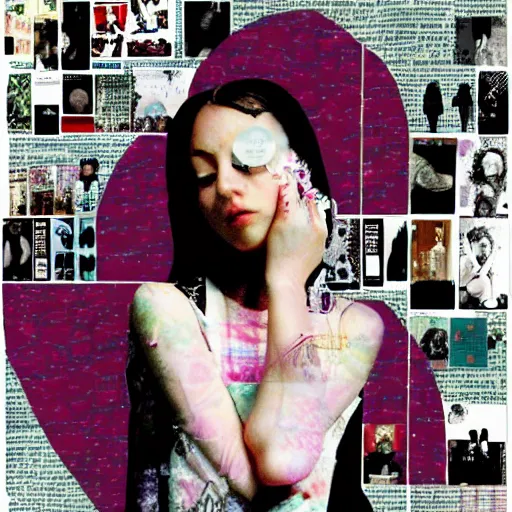 Image similar to a beautiful aesthetic!!! collage! portrait of a depressed girl, made in a magazine clipping collage style, cutout, clippings of a fashion magazine, made by a depressed art student