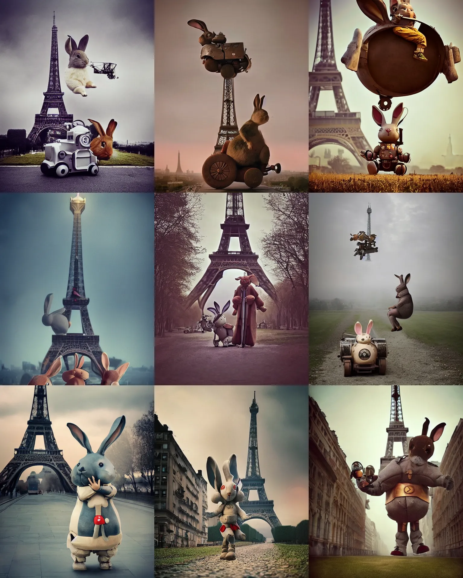 Prompt: epic pose!!! Whimsical giant oversized medieval battle rabbit robot chubby mech baby train with big oversized ears!! and rabbit , on eiffel tower , full body , Cinematic focus, Polaroid photo, vintage , neutral dull colors, soft lights, foggy sunset , by oleg oprisco , by victor enrich , by gregory crewdson