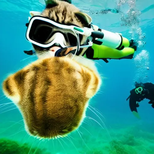 Prompt: high quality underwater photo of a cat scuba diver wearing norkel mask