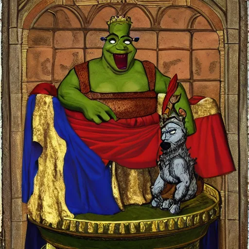 Prompt: shrek is crowned as the byzantine emperor, oil on canvas, 1 8 9 3, high quality, high resolution