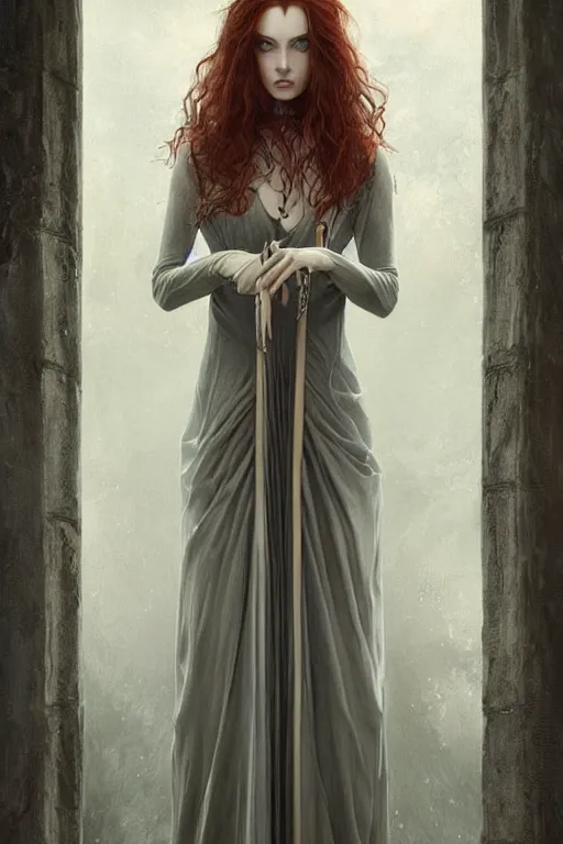 Prompt: ultra realist soft painting of a single gothic mage in a full long curvy slim dress in Elden Ring, thin long auburn hair, symmetry accurate features, very intricate details, volumetric lighting, by Tom Bagshaw Boris Vallejo