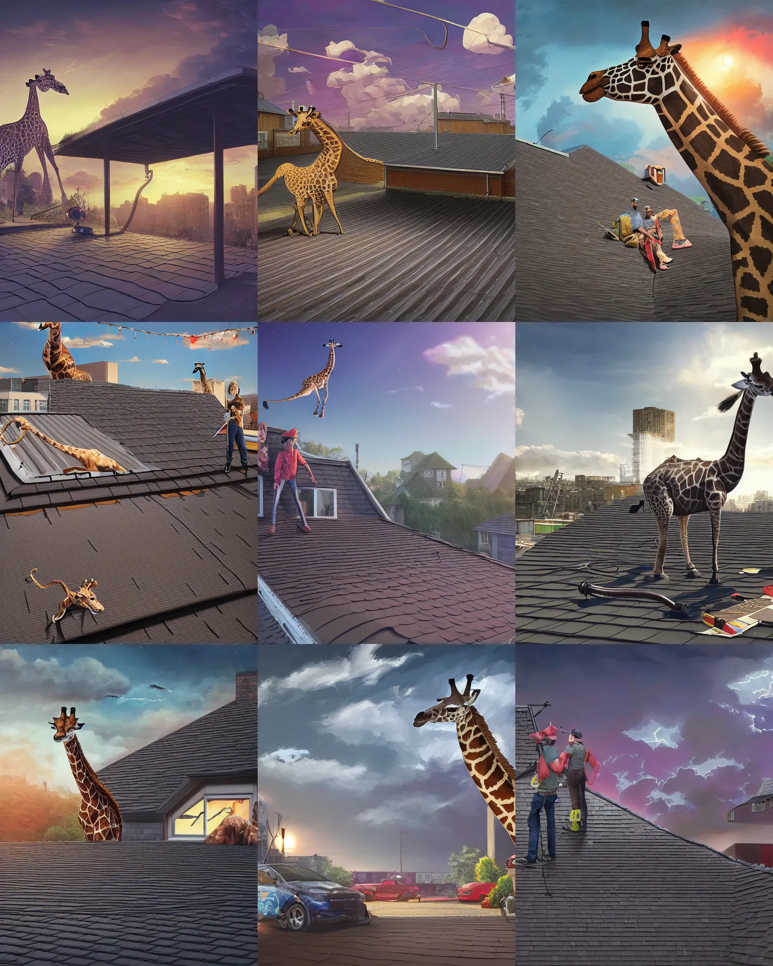 Prompt: rubber flat roofing installation services on garage roof halifax, kids fantasy drawing, a giraffe on the roof, intricate, epic lighting, cinematic composition, hyper realistic, 8 k resolution, unreal engine 5, by artgerm, tooth wu, dan mumford, beeple, wlop, rossdraws, james jean, marc simonetti, artstation