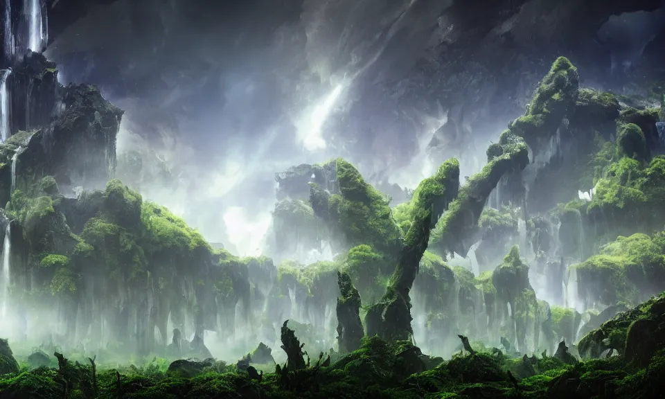 Prompt: an alien landscape view, alien waterfall, alien trees, alien greenery, alien mountains, epic lighting, epic composition, 4 k, detailed, realistic