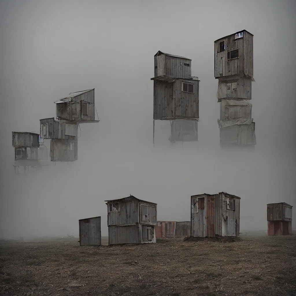 Image similar to two towers, made up of makeshift squatter shacks with faded colours, plain uniform sky at the back, uneven fog, dystopia, mamiya, f 1 1, fully frontal view, ultra sharp, very detailed, photographed by julie blackmon