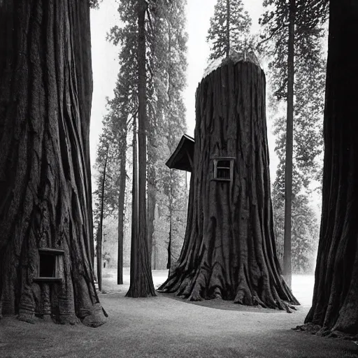 Image similar to house built into and inside a single giant sequoia. photograph by jerry uelsmann.