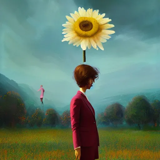 Image similar to giant daisy flower head, frontal, girl in a suit, surreal photography, sunrise, dramatic light, impressionist painting, digital painting, artstation, simon stalenhag