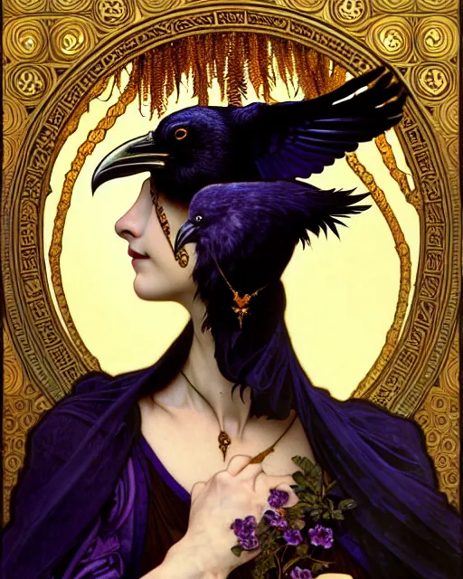 Image similar to goddess of the ravens, unusual beauty, emotionally evoking symbolic metaphors, head in focus, fantasy, ornamental, intricate, elegant, sensual, highly detailed digital painting, artstation, concept art, painterly, golden ratio, sharp focus, illustration, art by Rafael and Alphonse Mucha and Albert Aublet