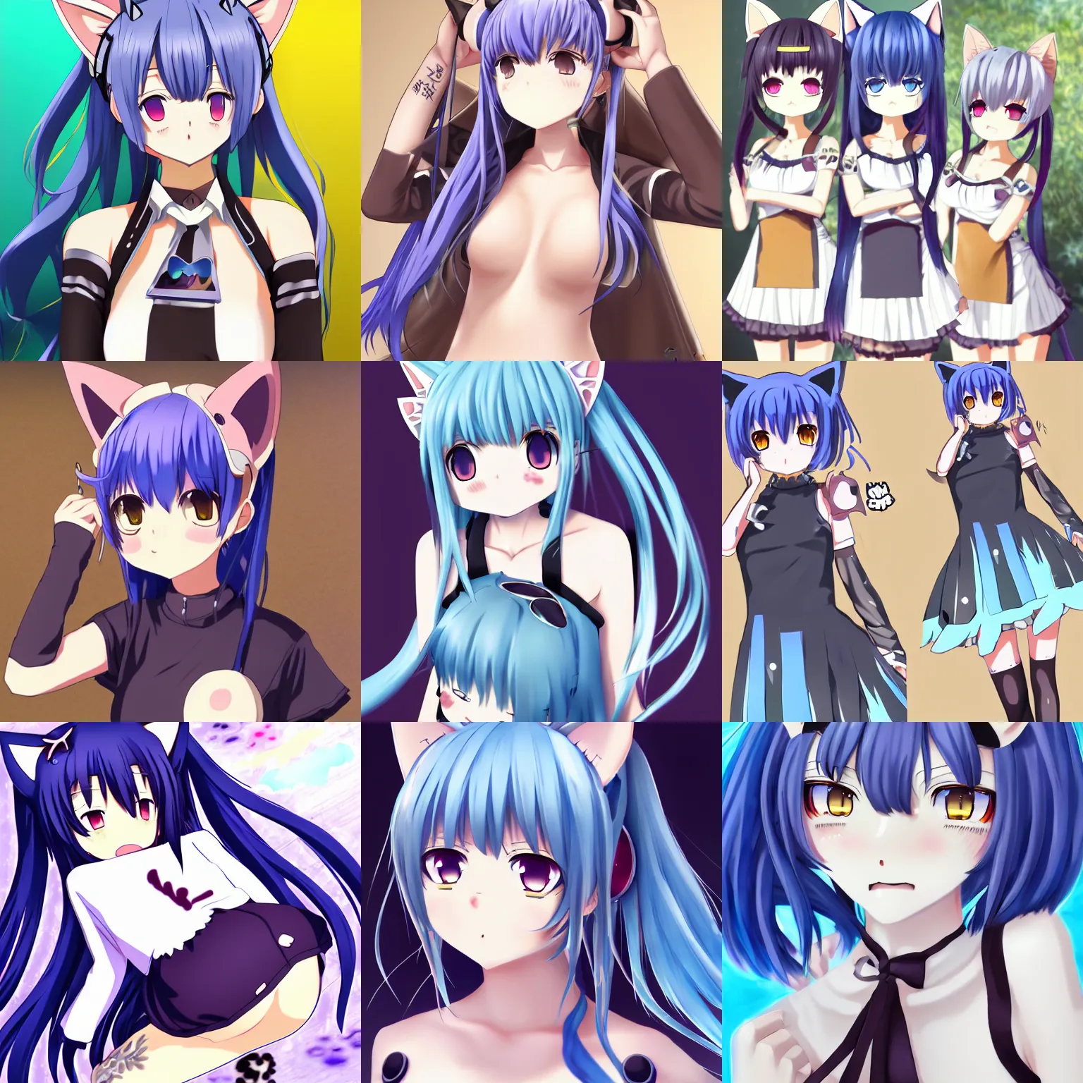 Prompt: nekopara vn modern anime style fantastically detailed shining eyes art blue hair detailed cat ears cat girl nekomimi dress full body vibrant smiling shinkai makoto Studio ghibli Sakimichan Kentaro Miura